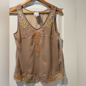 Anthropologie Taupe Embroidered V-Neck Sleeveless Top